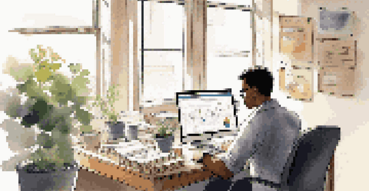 An employee analyzing data on a laptop at a tidy desk with charts and a coffee cup nearby.