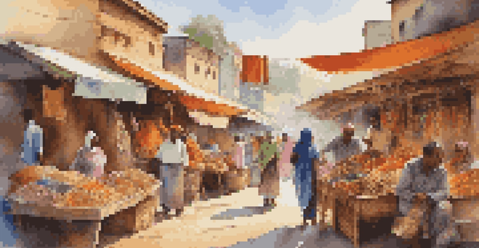 A busy marketplace filled with diverse vendors selling colorful textiles and handmade goods, under warm sunlight.
