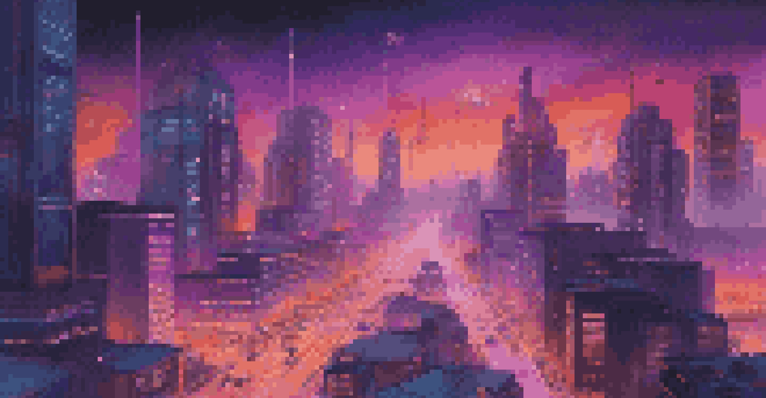 A vibrant futuristic cityscape at dusk, featuring drones and electric vehicles, with colorful sky and illuminated buildings.