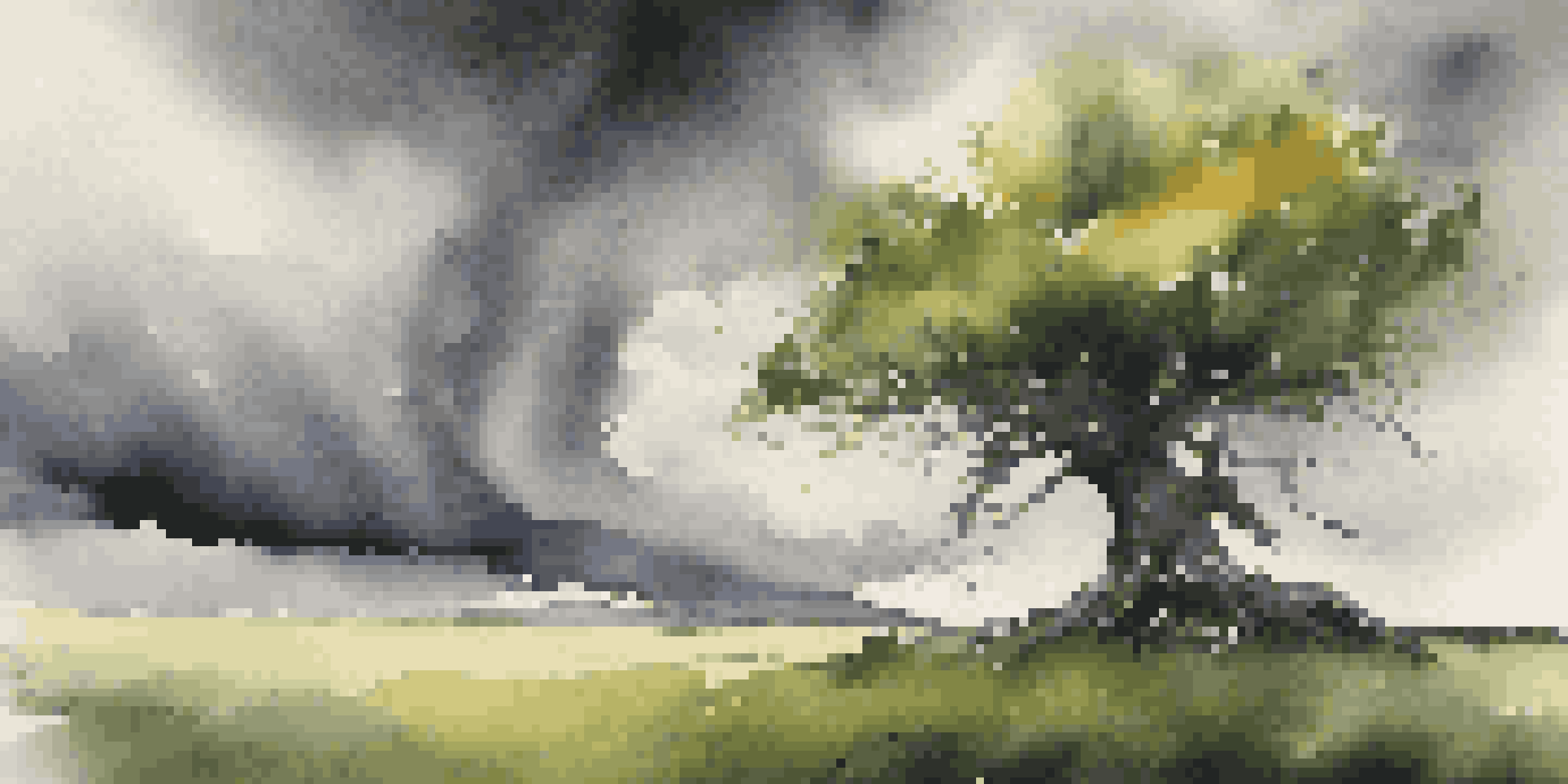 A strong tree bending in the wind with storm clouds in the background, symbolizing resilience.