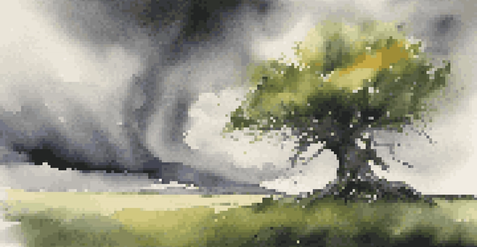 A strong tree bending in the wind with storm clouds in the background, symbolizing resilience.