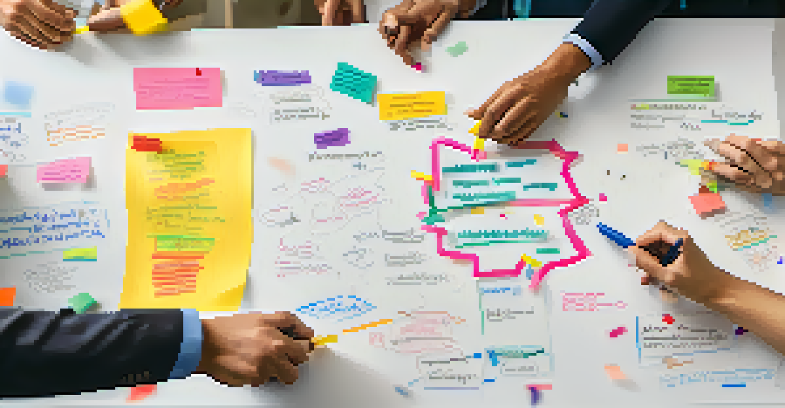 A close-up of hands writing on a whiteboard during a team meeting, surrounded by colorful markers and engaged team members.