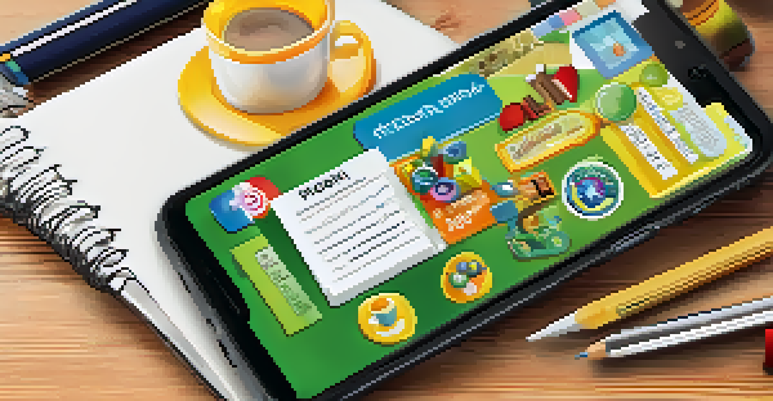 A smartphone on a wooden desk showing an interactive e-learning platform with gamified elements, surrounded by a coffee cup and notepad.