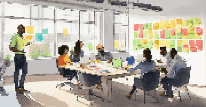 A diverse group of employees collaborating in a bright office space filled with post-it notes and laptops.