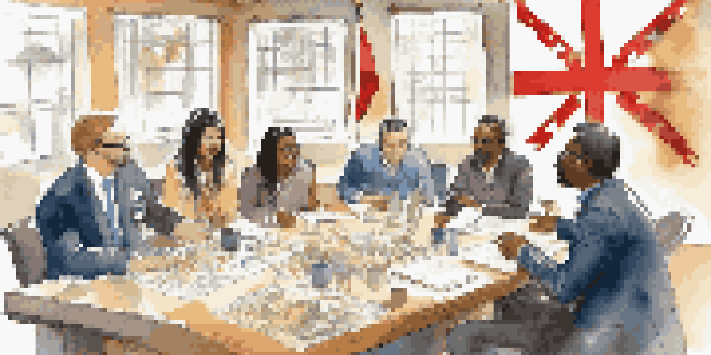 A diverse group of professionals discussing around a conference table with cultural artifacts and flags in a warm-lit room.