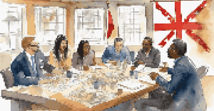 A diverse group of professionals discussing around a conference table with cultural artifacts and flags in a warm-lit room.