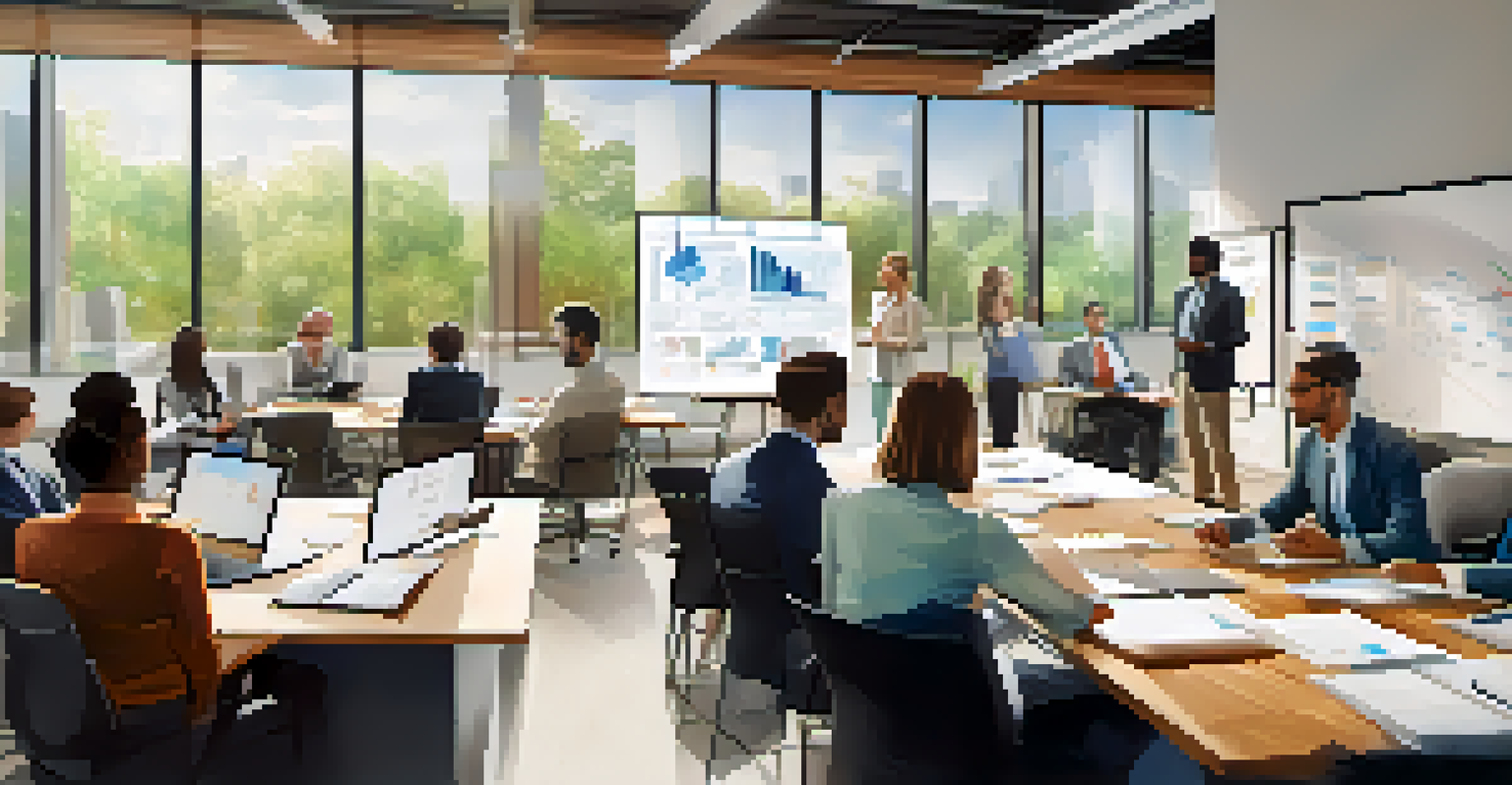 A group of diverse business professionals collaborating in a bright conference room with a whiteboard full of notes.
