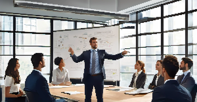 A confident business leader in a modern office surrounded by a diverse team, discussing change with a growth chart on a whiteboard.