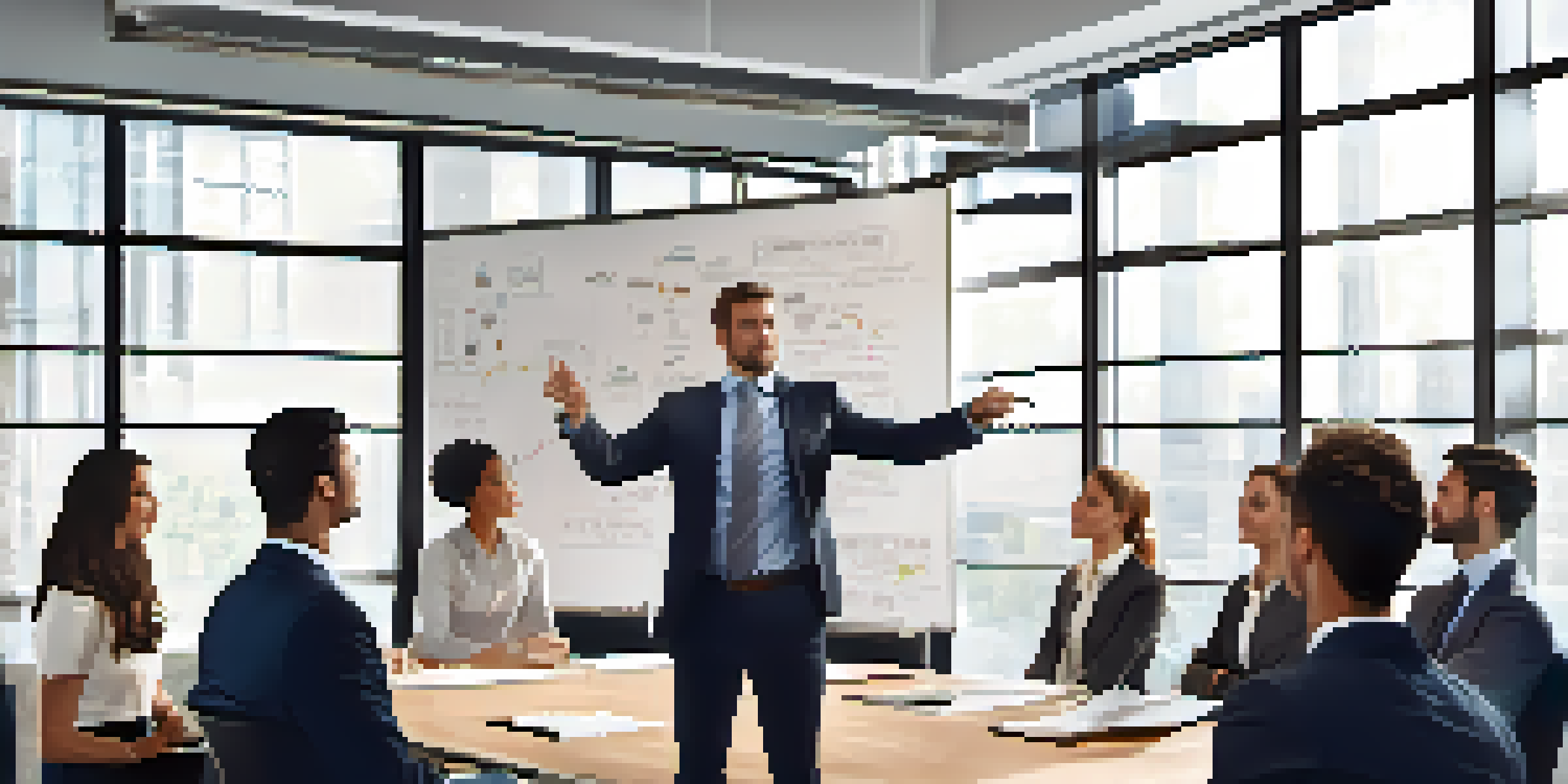 A confident business leader in a modern office surrounded by a diverse team, discussing change with a growth chart on a whiteboard.