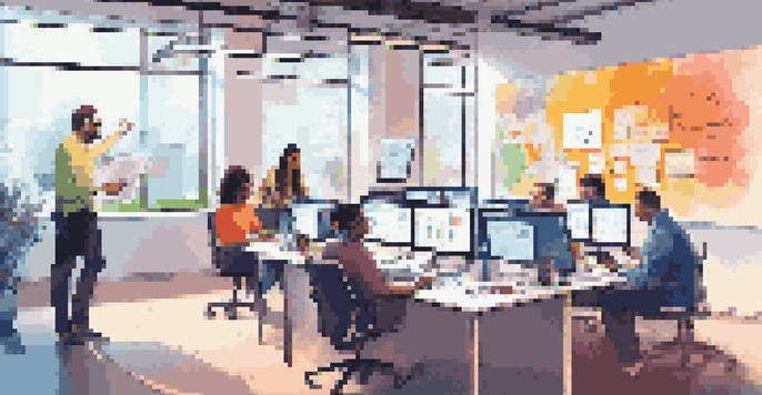 A diverse group of marketers collaborating in a bright workspace, with digital screens showing data and a whiteboard filled with marketing strategies.