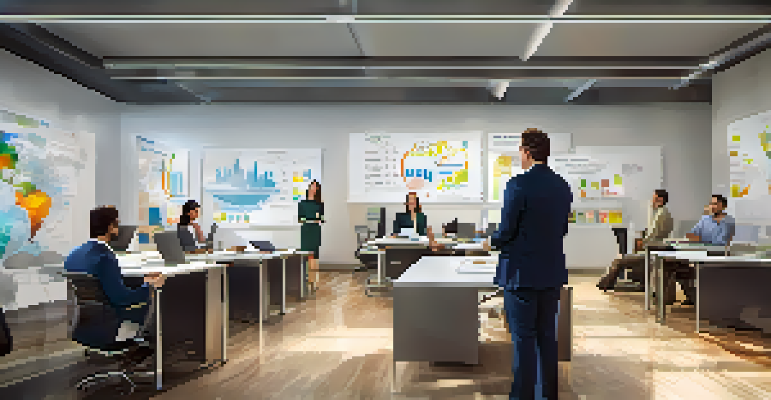 A leader presenting innovative ideas to a small team in a modern office, surrounded by charts and brainstorming materials, highlighting a culture of creativity.