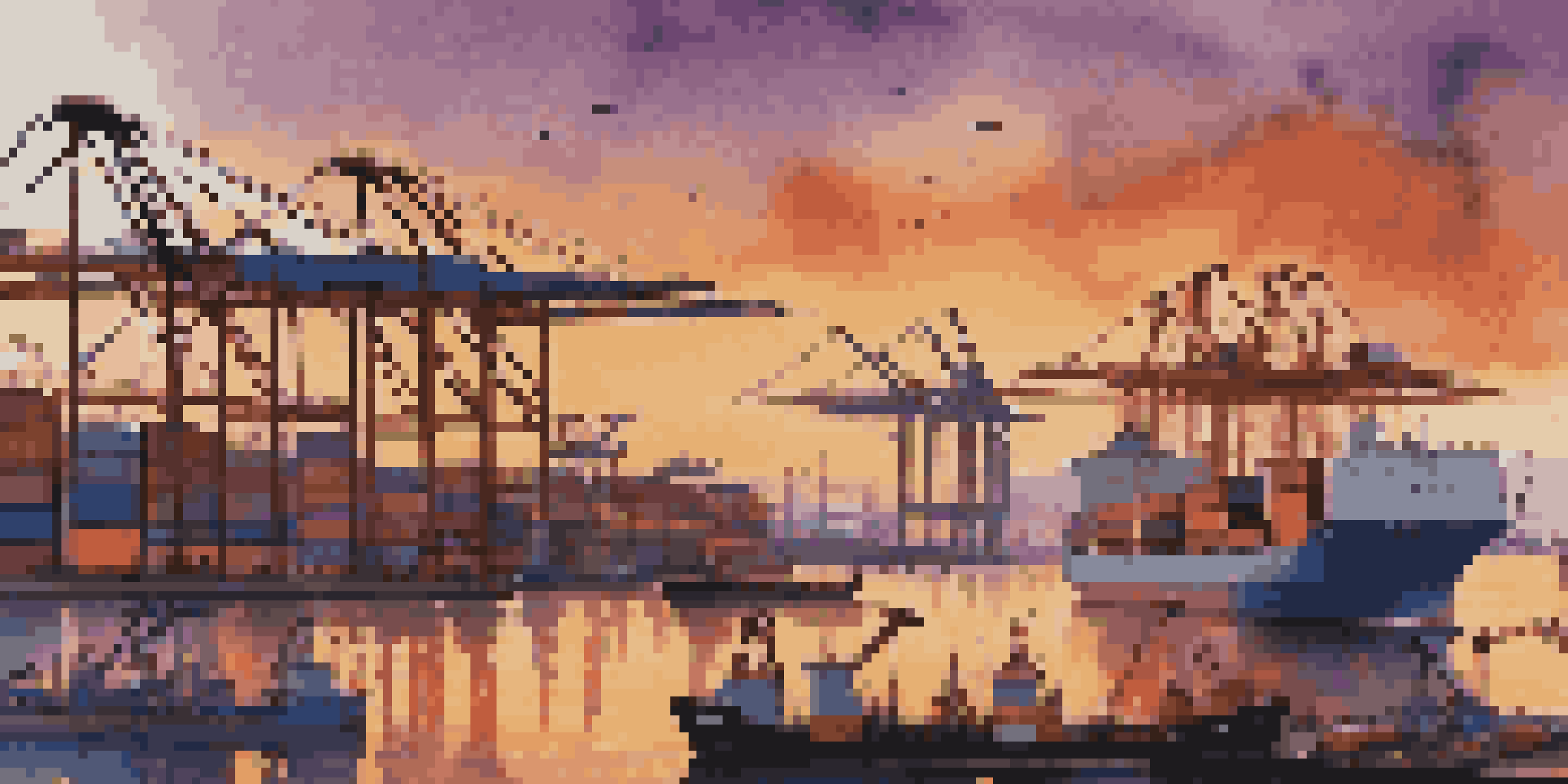 A busy international trade port during sunset with colorful containers, cranes, and docked ships reflecting in the water.