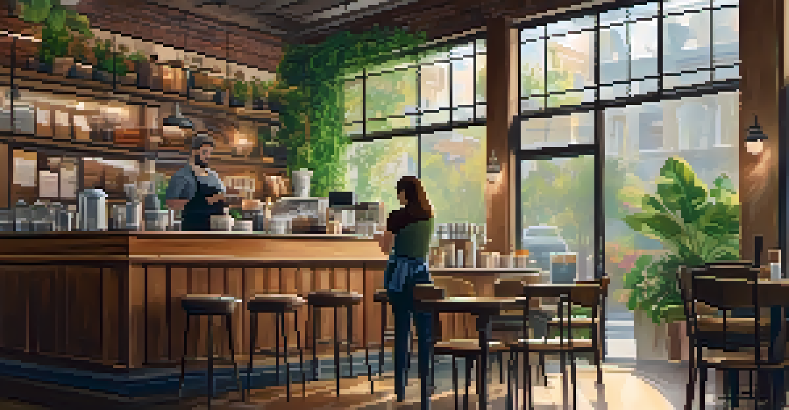 An eco-friendly coffee shop with plants and sustainable decor, where a barista serves coffee in a reusable cup.