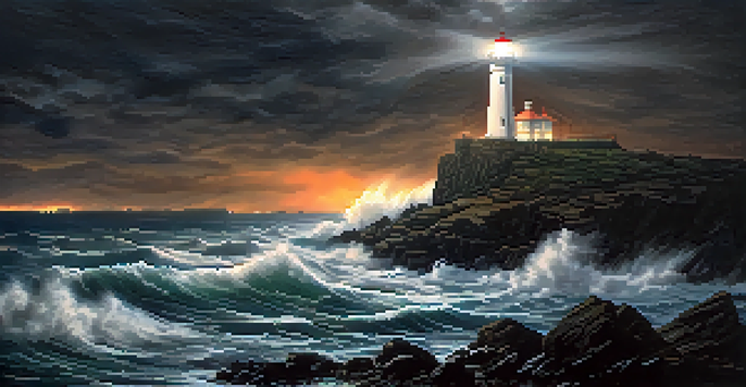 A lighthouse on a rocky coast during a storm, with its light shining brightly over turbulent waters, representing guidance during crises.