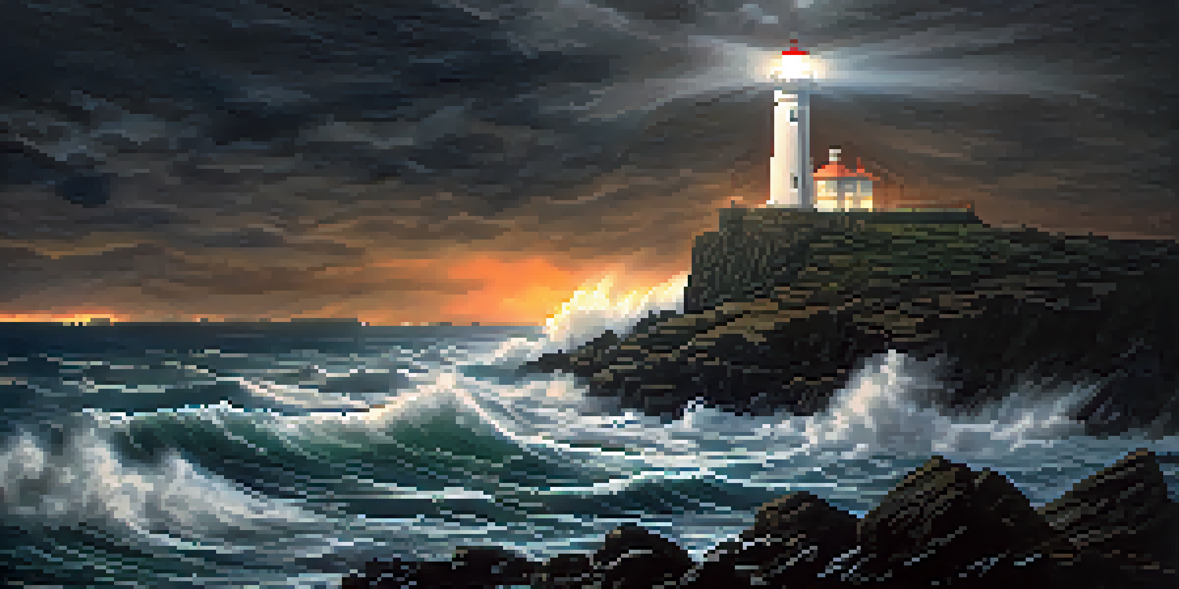 A lighthouse on a rocky coast during a storm, with its light shining brightly over turbulent waters, representing guidance during crises.