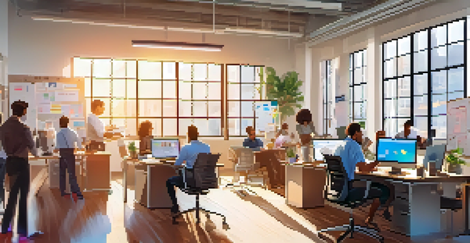 A diverse team of professionals collaborating in a bright office space filled with natural light, laptops, and motivational posters.