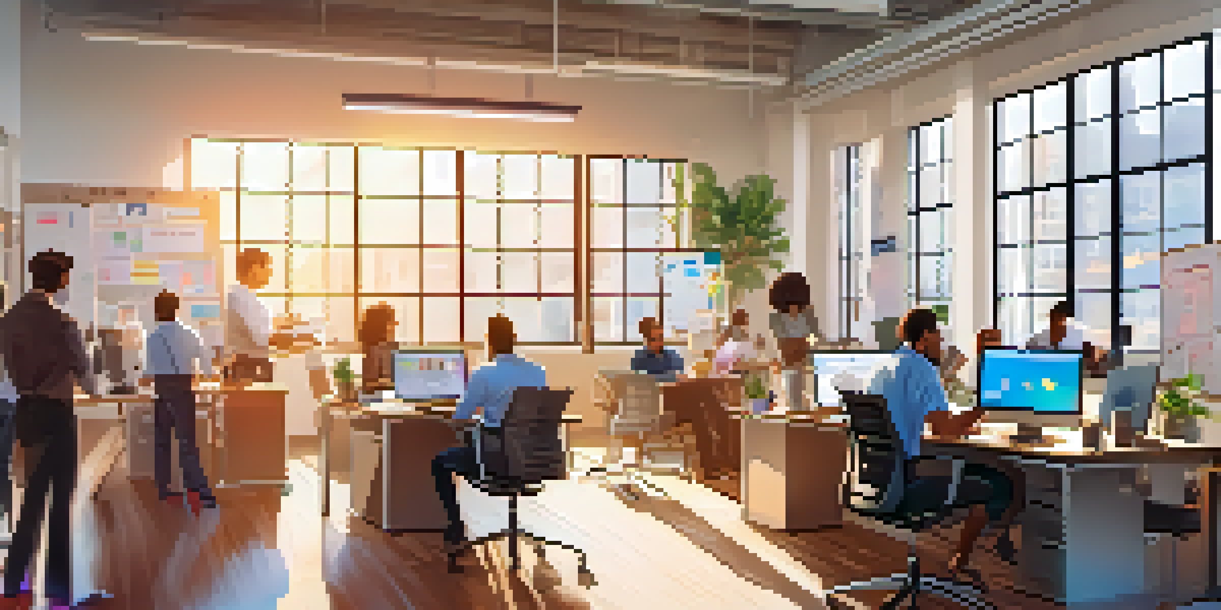 A diverse team of professionals collaborating in a bright office space filled with natural light, laptops, and motivational posters.