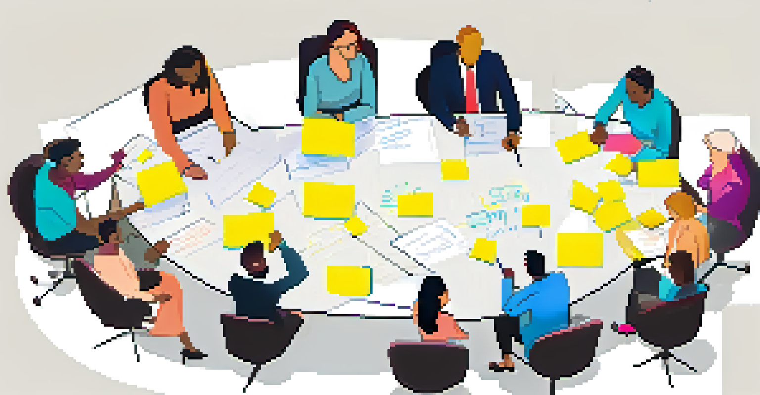 An overhead view of a brainstorming session with sticky notes and diagrams.