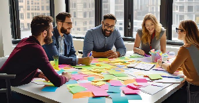 A diverse team engaged in a lively brainstorming session with sticky notes and sketches on a table, illuminated by natural light.