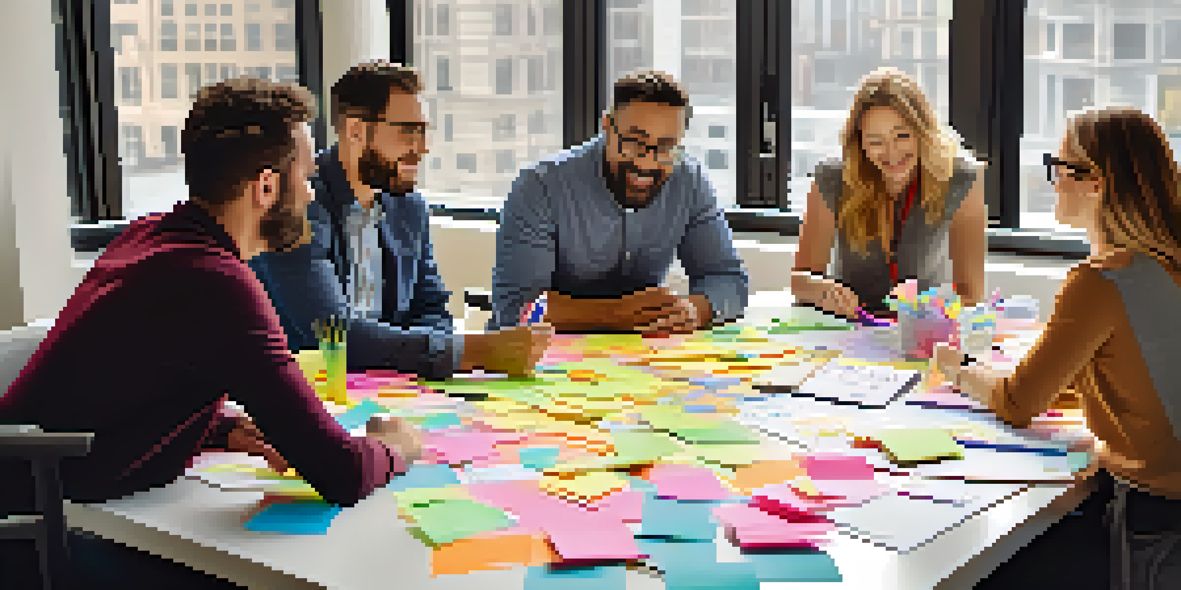 A diverse team engaged in a lively brainstorming session with sticky notes and sketches on a table, illuminated by natural light.