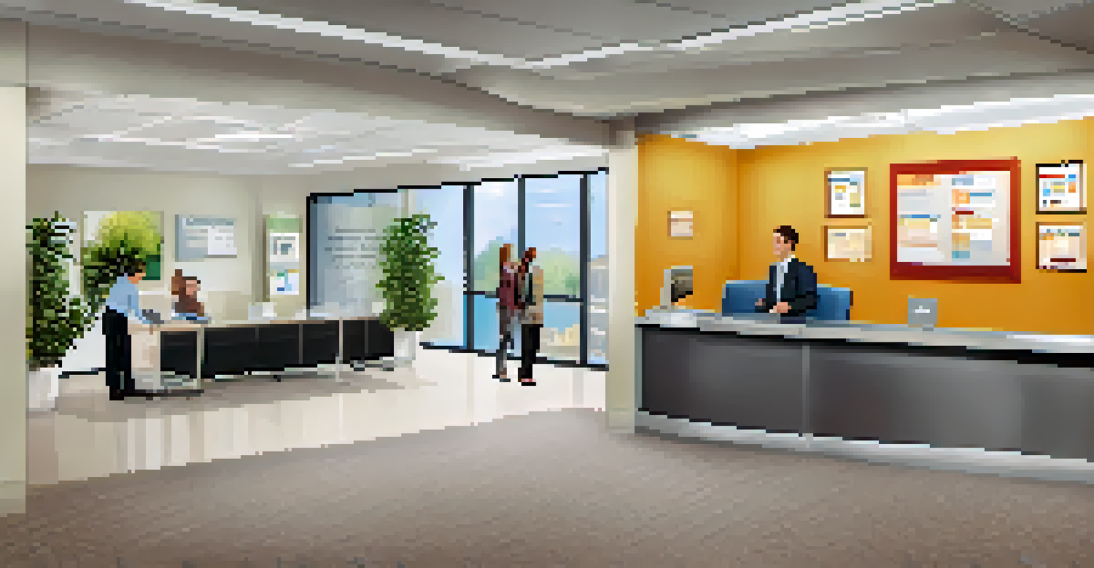 Interior of a consumer protection agency office with staff assisting a consumer and informative posters.