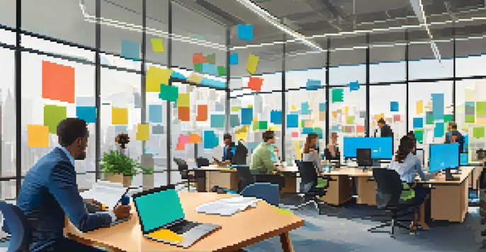 A diverse group of professionals in a well-lit modern office discussing market research around a round table with laptops and charts.