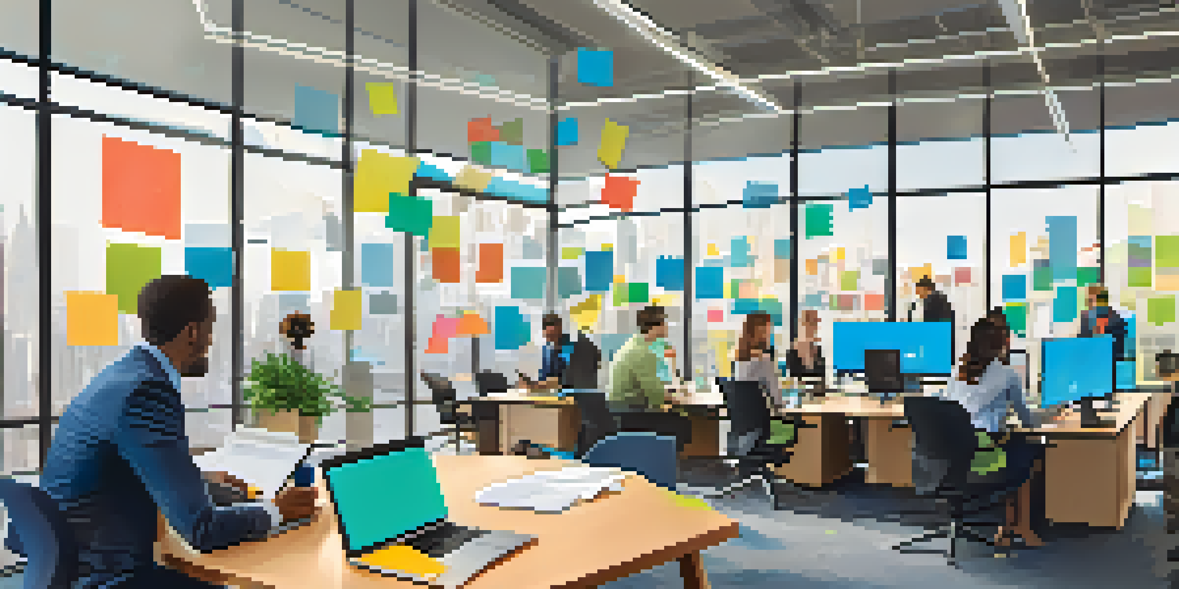 A diverse group of professionals in a well-lit modern office discussing market research around a round table with laptops and charts.