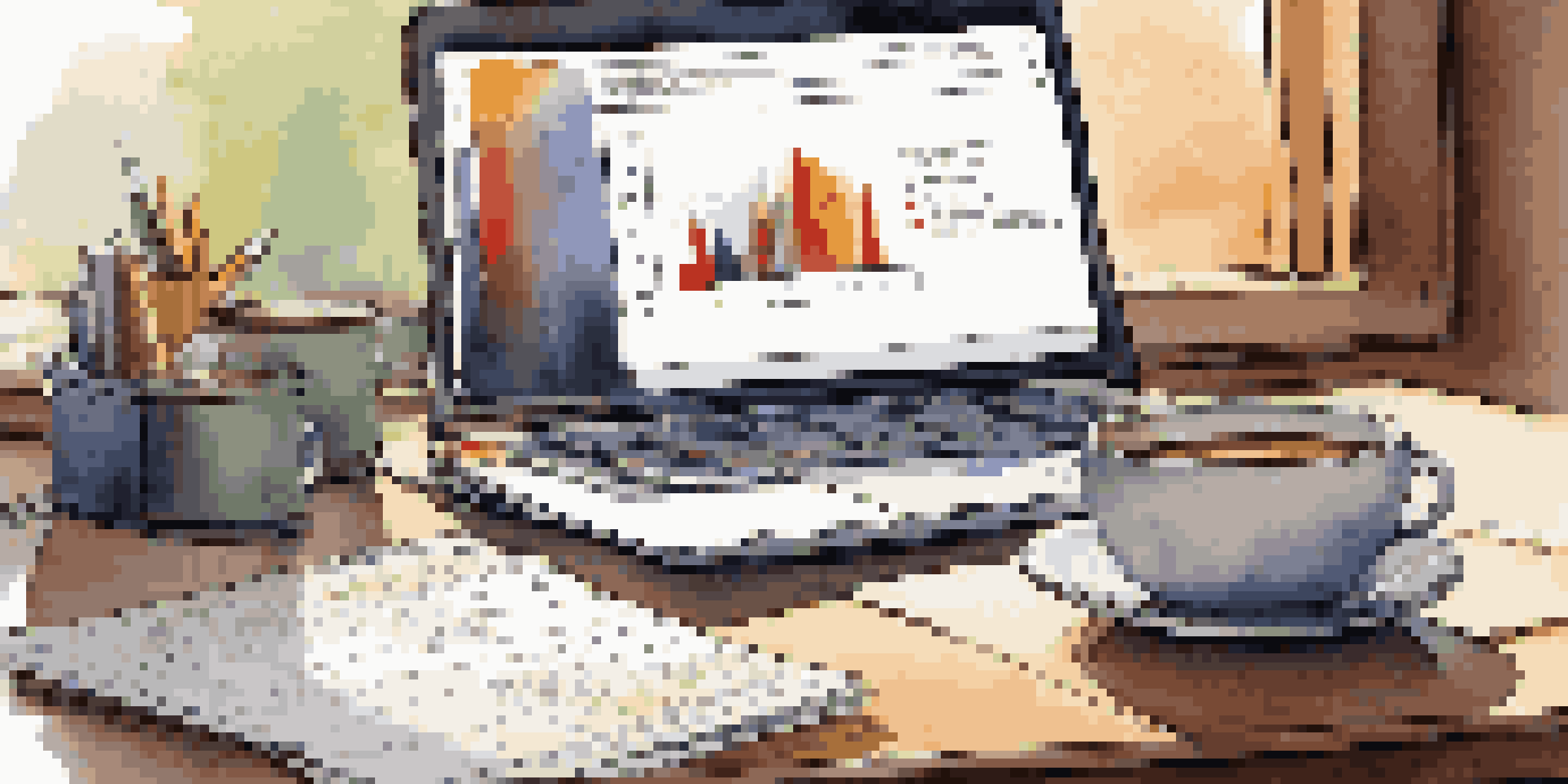 A financial analyst's desk with a laptop showing graphs, a notepad, and a coffee cup, illuminated by morning light.