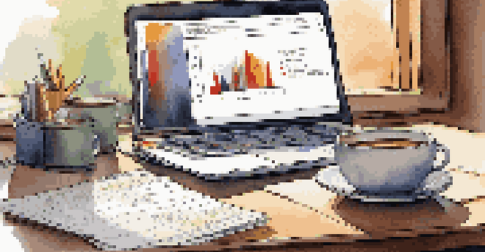 A financial analyst's desk with a laptop showing graphs, a notepad, and a coffee cup, illuminated by morning light.