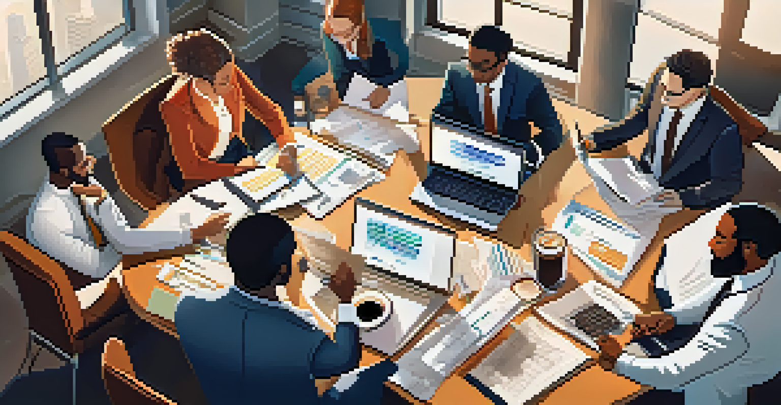 A diverse team of professionals collaborating on a financial model at a large table, with laptops and papers, in a bright office.