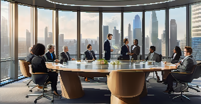A diverse group of board members in a bright corporate boardroom discussing strategies around a large oval table.