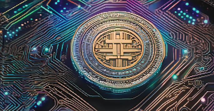 A detailed token displayed prominently, showcasing intricate designs and patterns, with a blurred background of digital symbols representing blockchain technology.