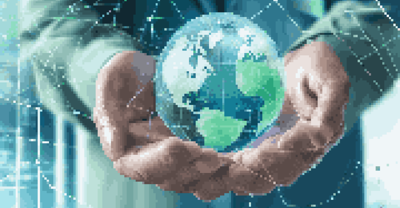 Hands holding a transparent globe representing global supply chain transparency, with technology-related graphics in the background.