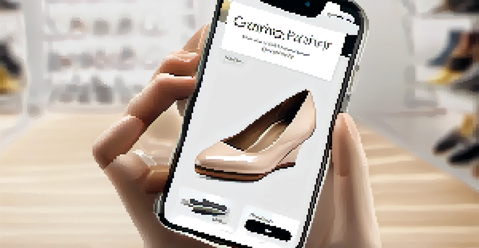 A user is using a smartphone to interact with a visual search application, showing a stylish shoe on the screen with similar product recommendations.