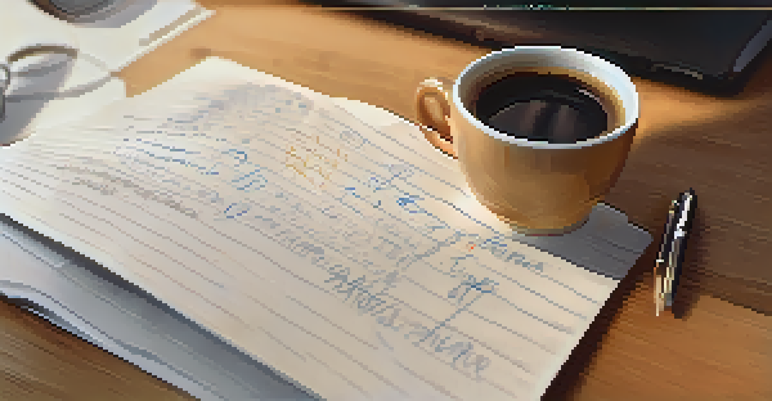 A close-up of a hand writing feedback on a notepad, with a laptop and coffee cup in the blurred background.
