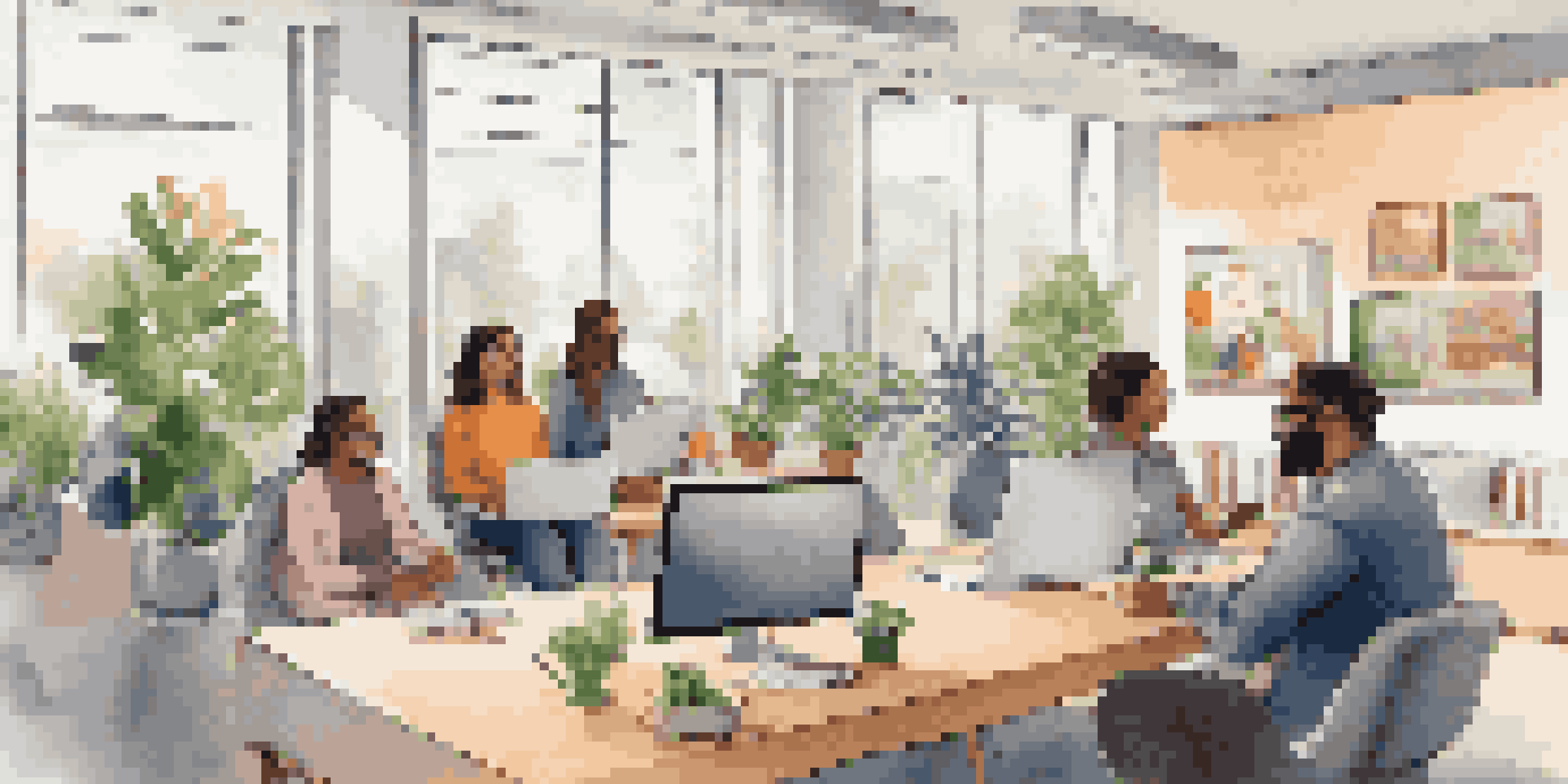 A diverse group of employees in a virtual meeting, smiling and engaged, in a bright and modern office setting.