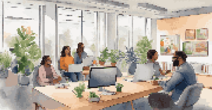 A diverse group of employees in a virtual meeting, smiling and engaged, in a bright and modern office setting.