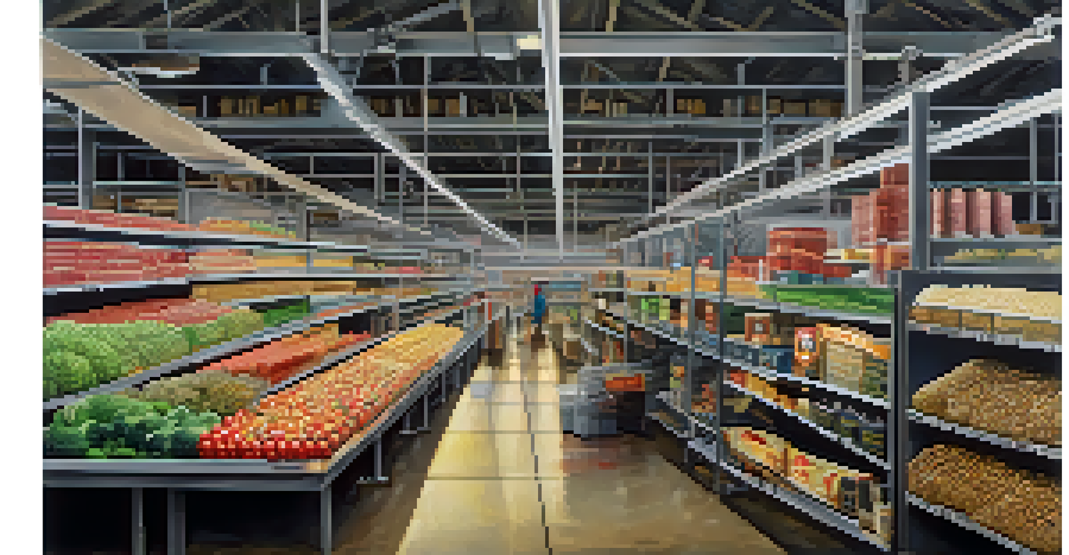 A split image showing a busy factory on one side and empty store shelves on the other, illustrating the effects of trade wars.
