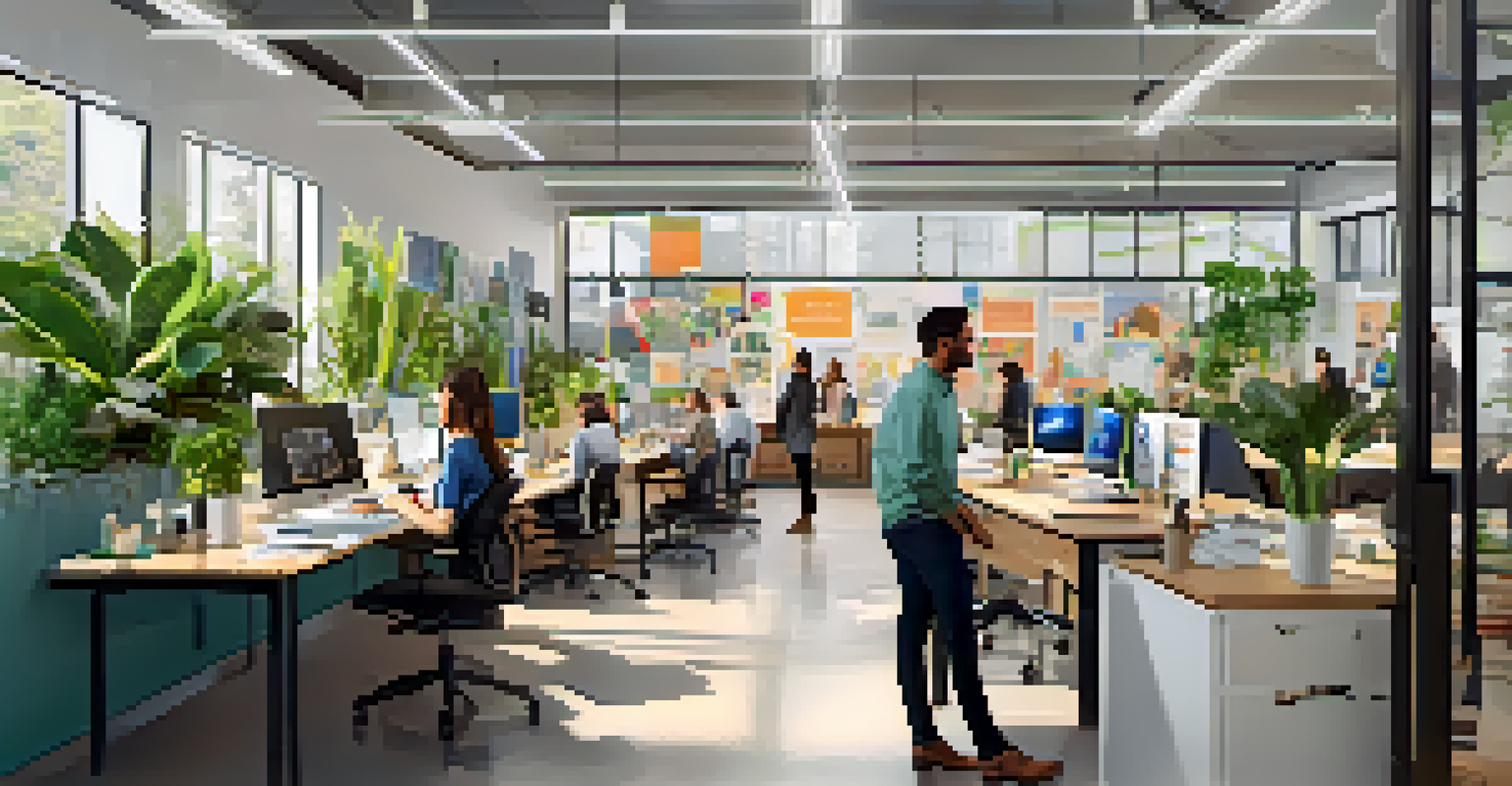An open workspace with team members at their desks and a leader interacting, surrounded by motivational posters and plants, representing collaboration and learning.