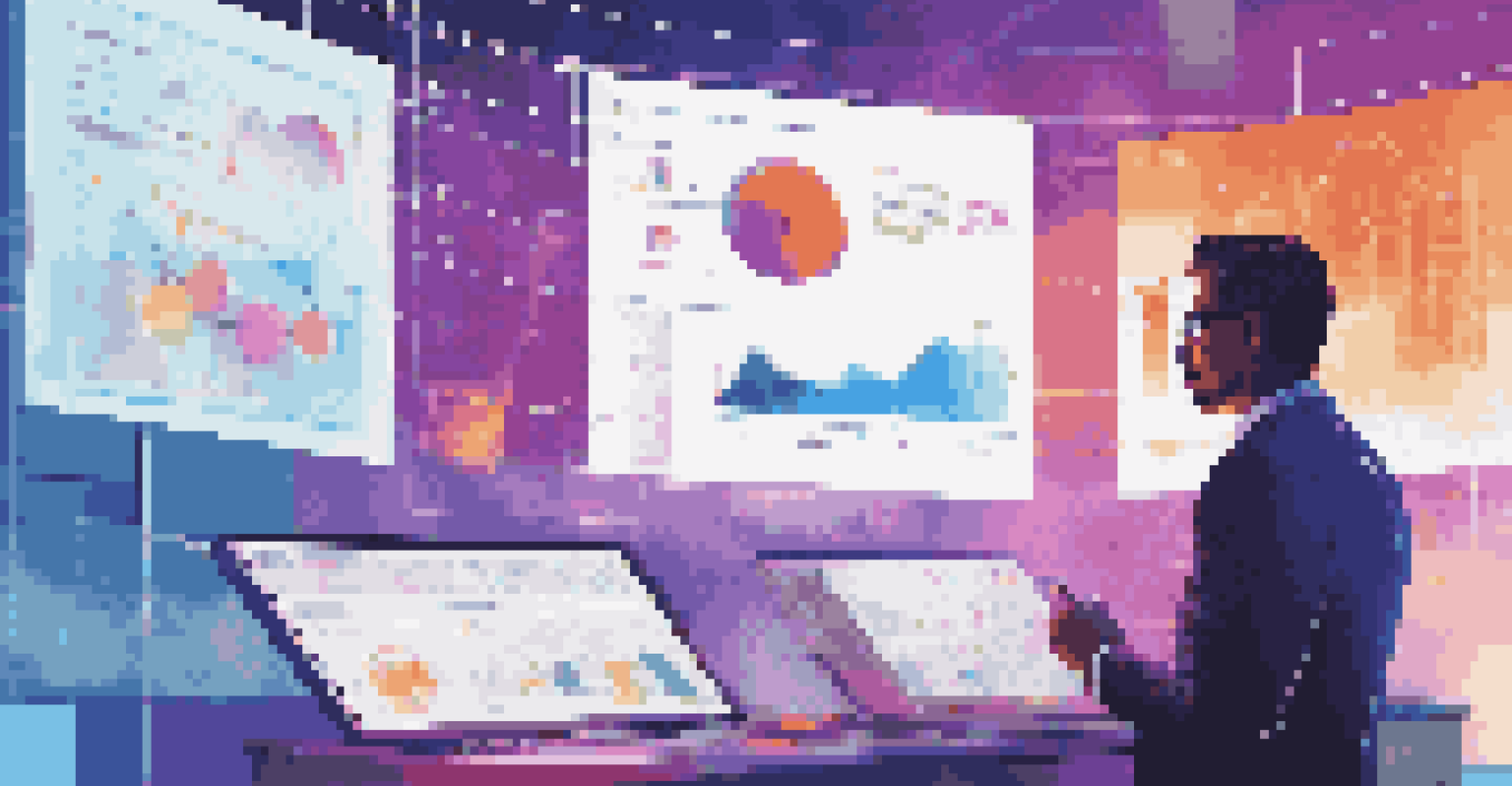 A business professional analyzing digital analytics graphs on a screen in a futuristic office setting.