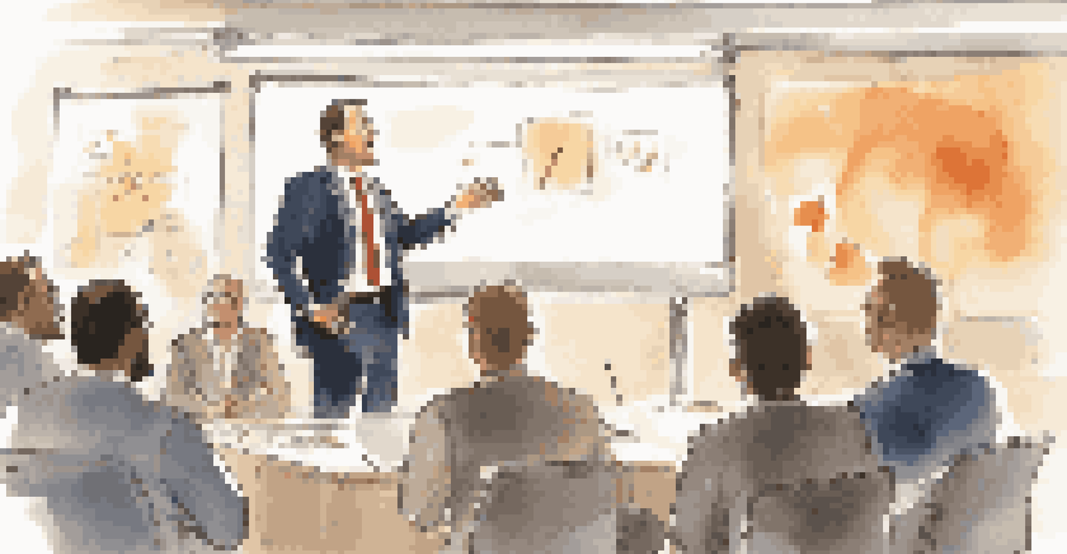 A leader delivering a motivational speech to an attentive sales team in a well-lit room, with a whiteboard filled with goals.