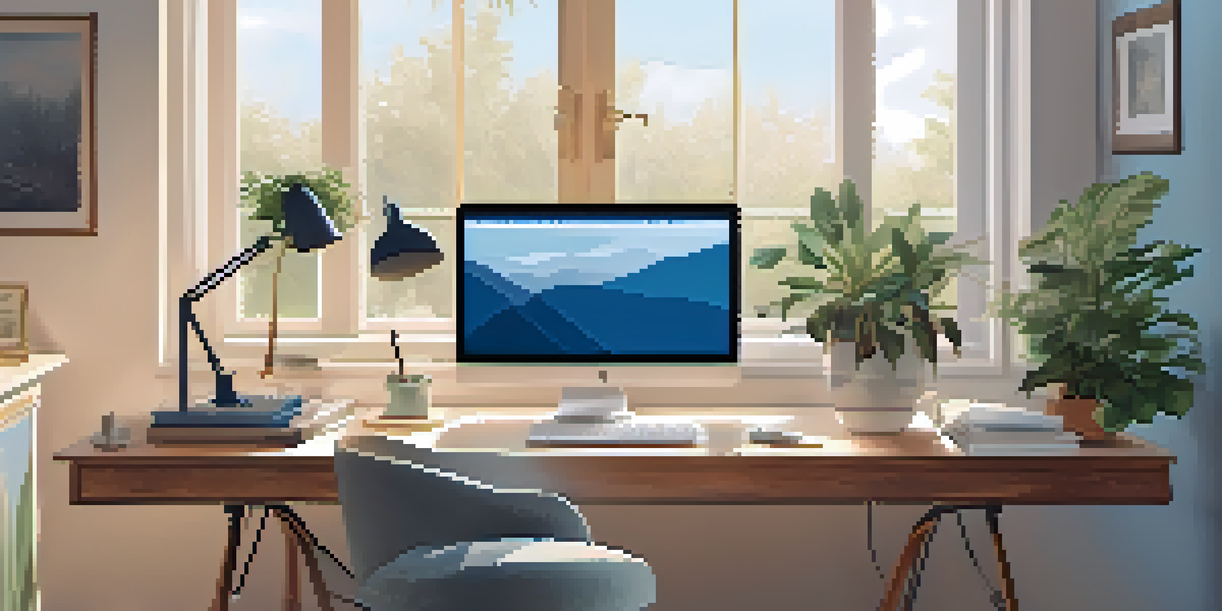 A cozy home office with a laptop on a desk, warm colors, and natural light from a window.