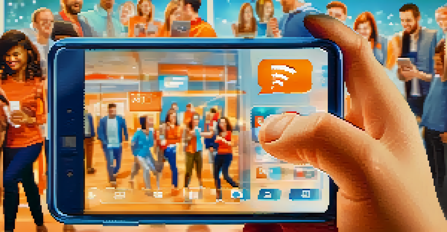 A smartphone displaying a countdown timer for a product launch, with blurred images of excited people in the background, evoking anticipation.