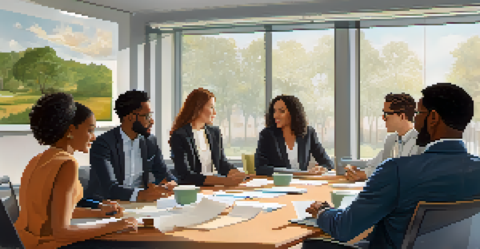 A diverse group of stakeholders collaborating in a modern conference room, discussing ideas around a table.