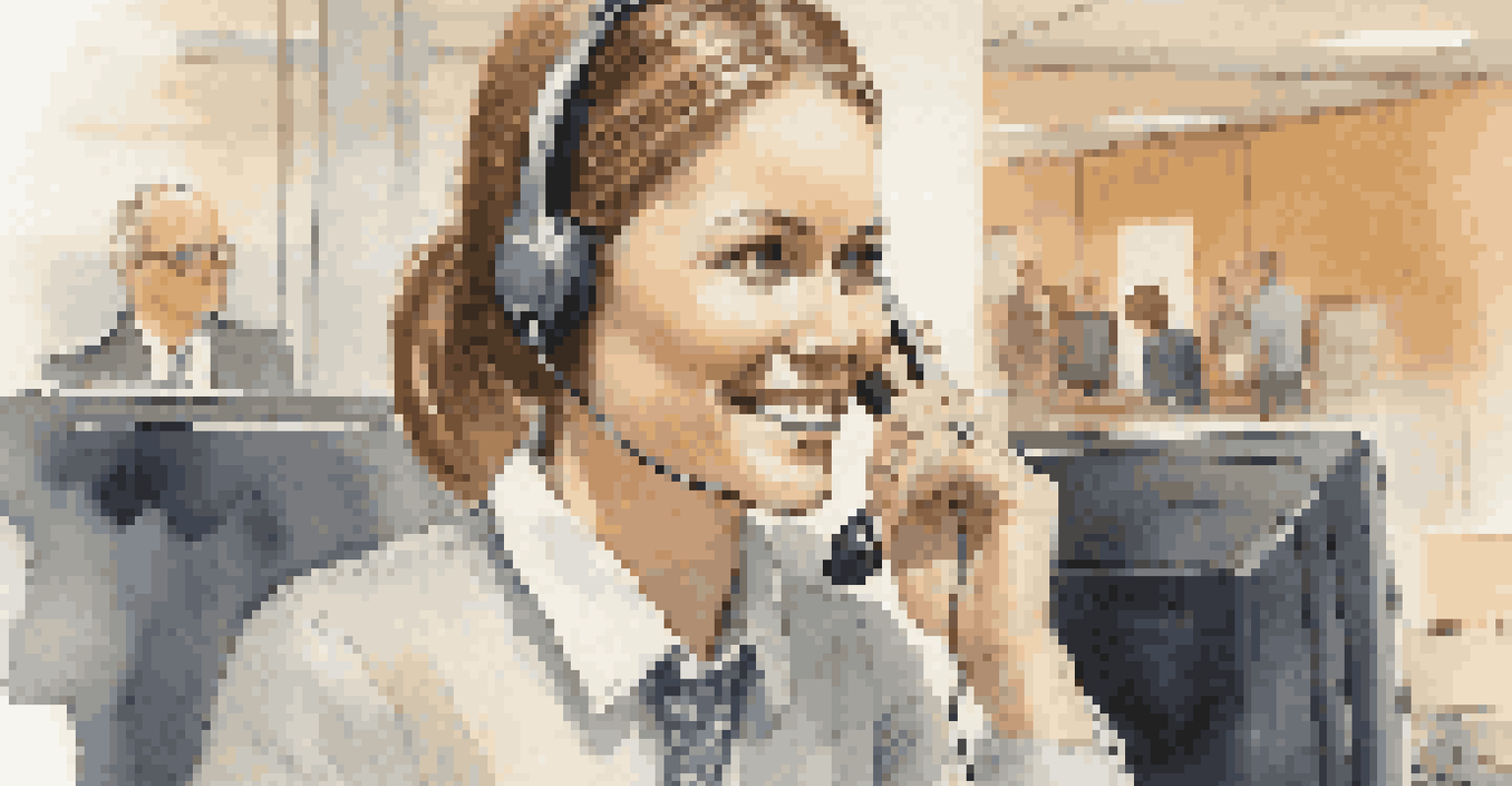 A customer service representative listening empathetically to a customer on a phone call, set in a busy office environment with soft lighting.