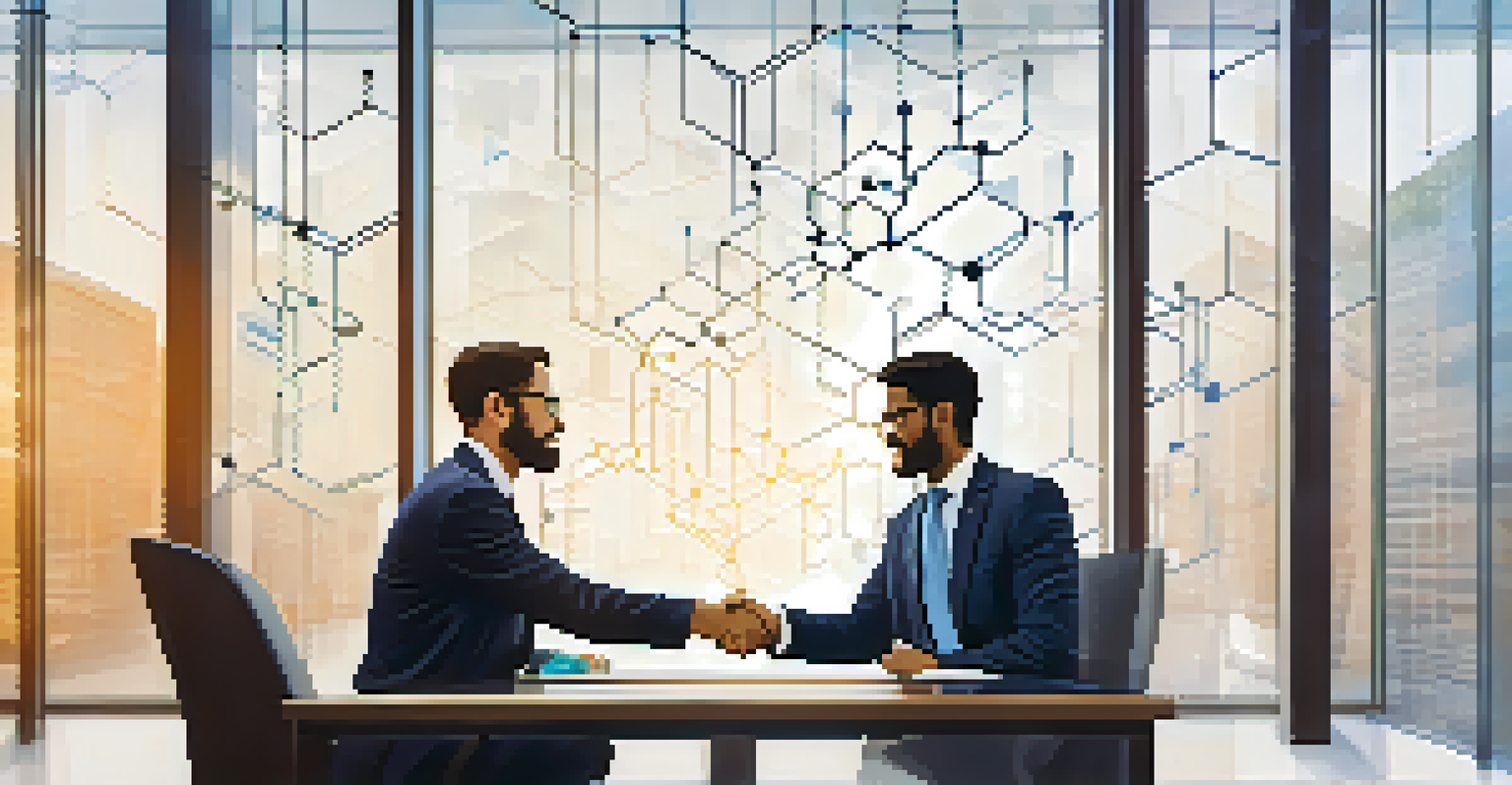 Two business professionals shaking hands in a conference room, with a transparent blockchain background illustrating connections.