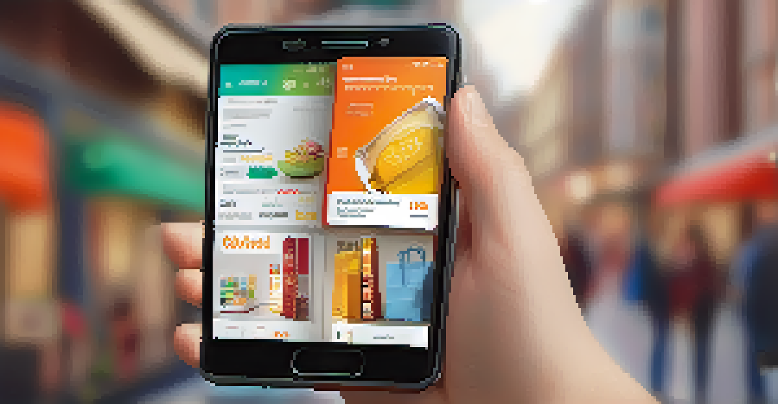 A close-up of a smartphone showing a mobile shopping app with product recommendations against a blurred urban backdrop.