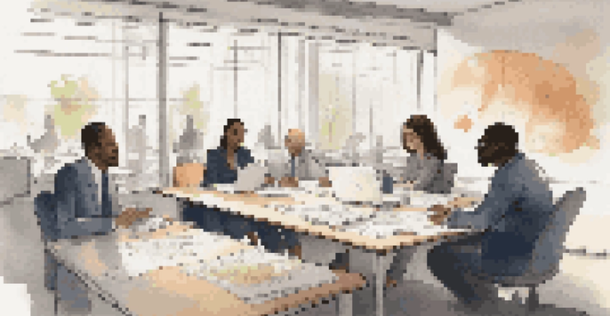 A diverse group of professionals having a crisis management meeting in a well-lit office, surrounded by charts and laptops.