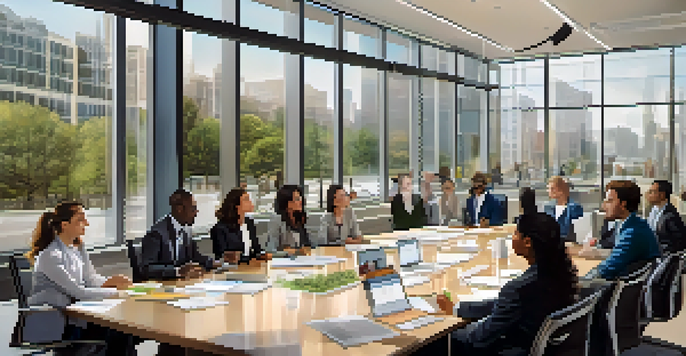 A diverse group of professionals in a bright office meeting about corporate governance with motivational posters in the background.