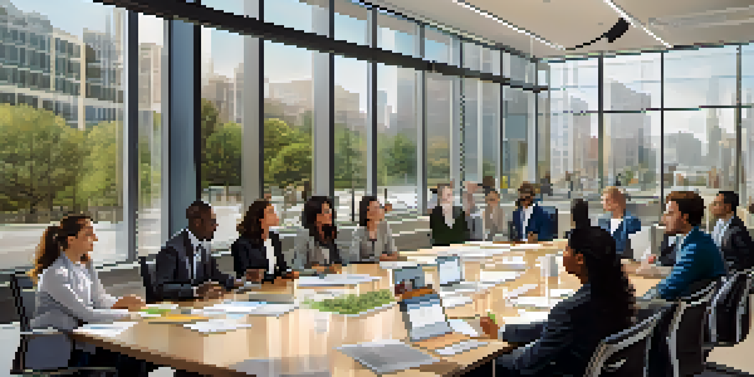A diverse group of professionals in a bright office meeting about corporate governance with motivational posters in the background.